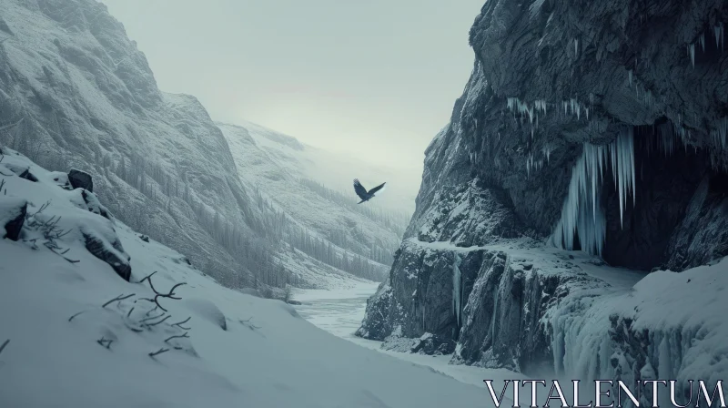 Mysterious Raven in a Snowy Mountain Pass AI Image