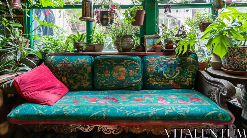 Serene Living Room with Green Sofa and Abundant Plants AI Image