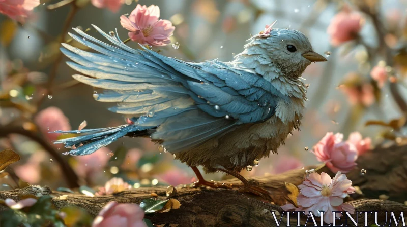 Serene Painting of Blue Bird on Cherry Blossom Branch AI Image
