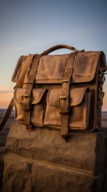 Vintage Leather Messenger Bag on Stone Wall at Sunset