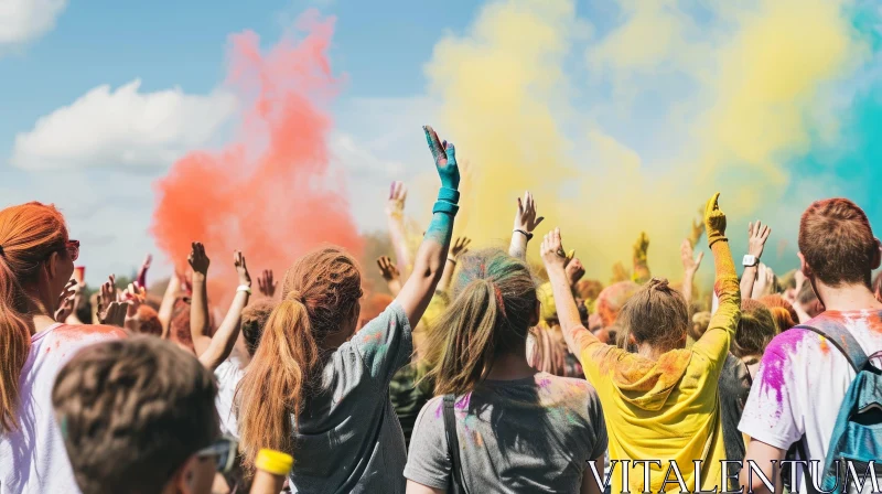 Colorful Festival Crowd: Joyful Celebration Under a Clear Blue Sky AI Image