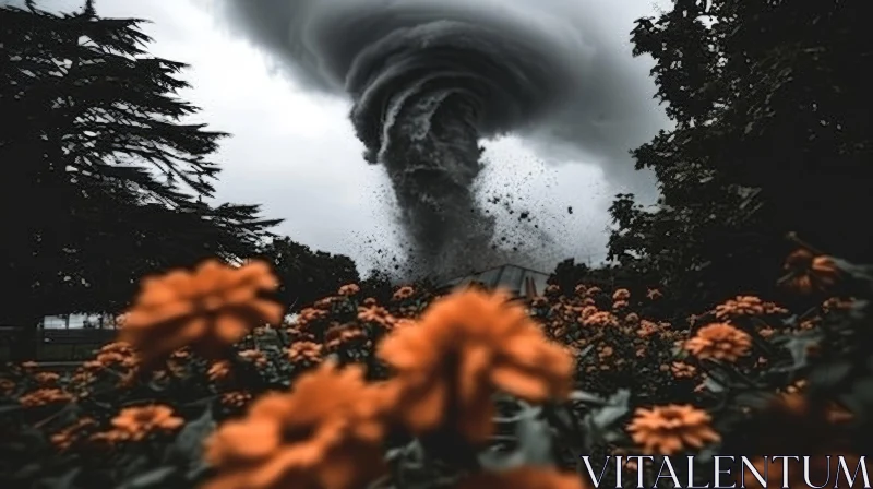 Dark and Stormy Day: Contrast of Tornado and Vibrant Flowers AI Image