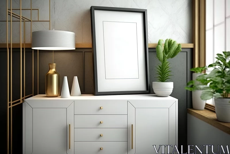 Empty White Cabinet with Tall Lamp and Frame | 3D Render AI Image