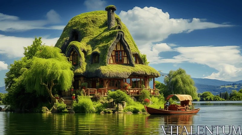 Enchanting House on Island: Whimsical Fairy Tale Art AI Image