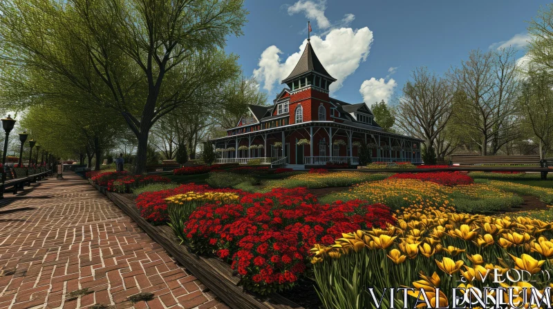 Enchanting Park with a Majestic House and Colorful Flowers AI Image
