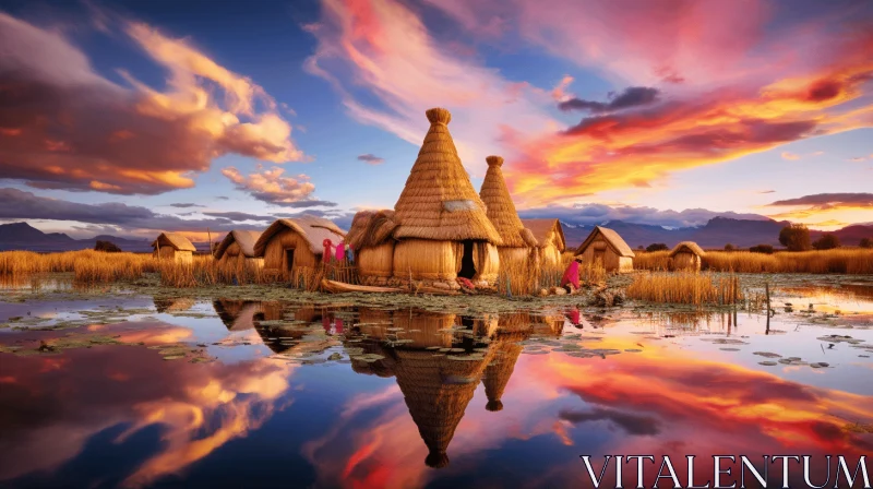 AI ART Exotic Fantasy Landscape: Village of Huts Reflecting on Pond at Sunset