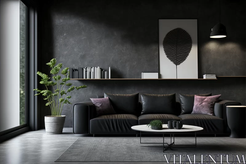 Modern Living Room Decor in Black and Gray | Detailed Foliage Style AI Image