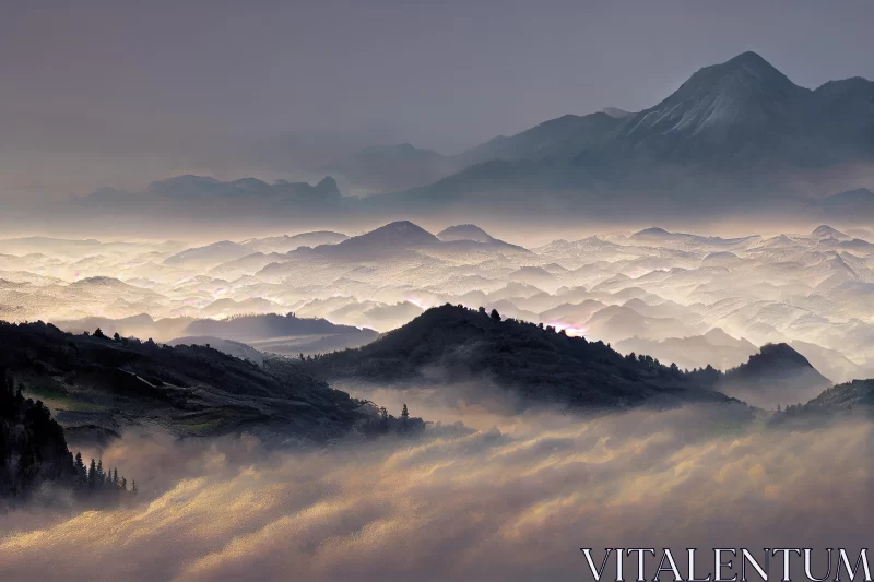 Tranquil Mountain Range Emerging from the Clouds - Delicately Rendered Landscapes AI Image