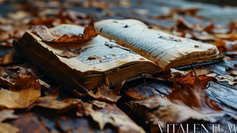 AI ART Vintage Book with Fallen Leaves on Wooden Surface