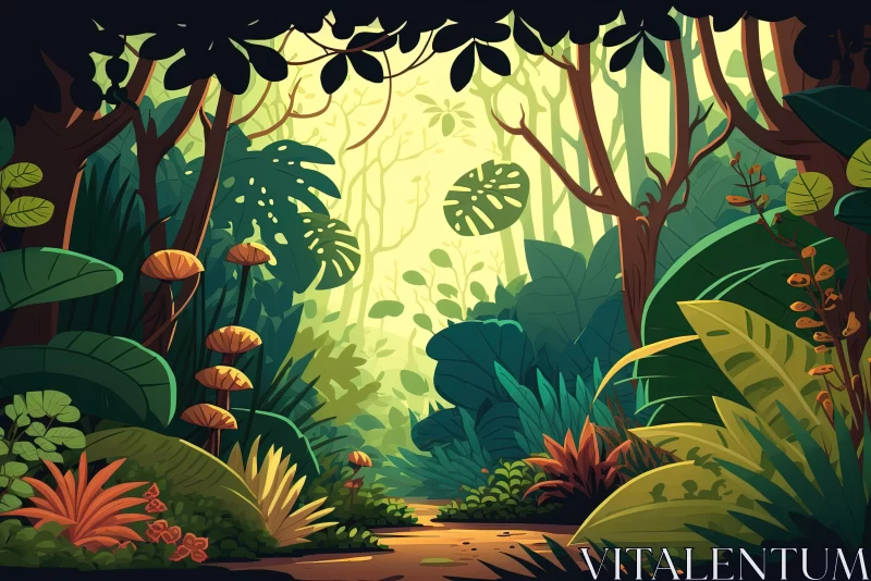 Whimsical Cartoon-Style Illustration of a Tropical Forest Path AI Image