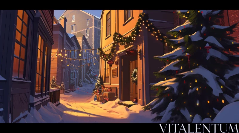 Winter Wonderland: Serene Street Scene in Snow-Covered Town AI Image