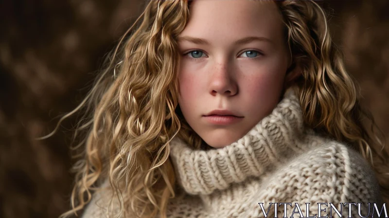 Captivating Portrait of a Young Girl with Blonde Hair and Blue Eyes AI Image