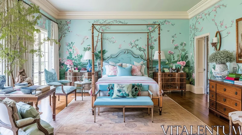 Charming Chinoiserie Bedroom with Floral Wallpaper and Antique Furniture AI Image