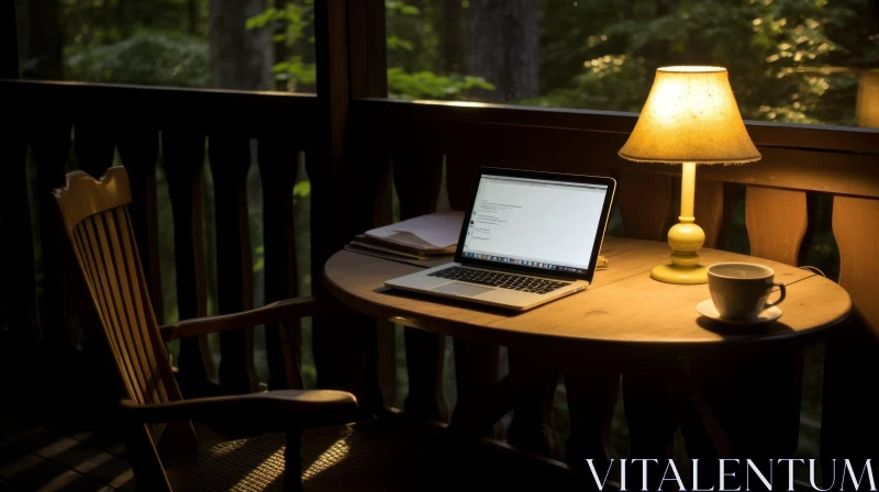 Cozy Wooden Table in Dark Room with Forest View AI Image