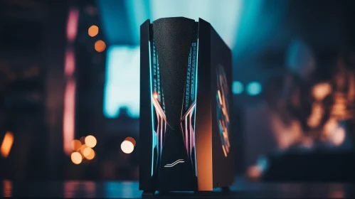 Modern Gaming PC Case with RGB Lighting on City Night Background