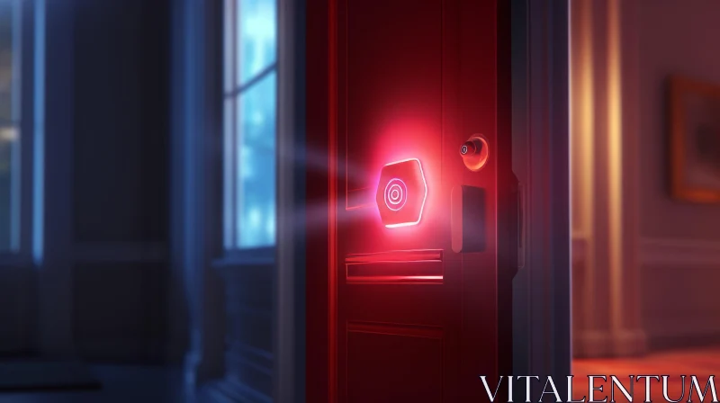 AI ART Red Door with Glowing Smart Lock