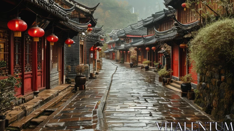 Serene Chinese Village Street Scene with Red Lanterns AI Image