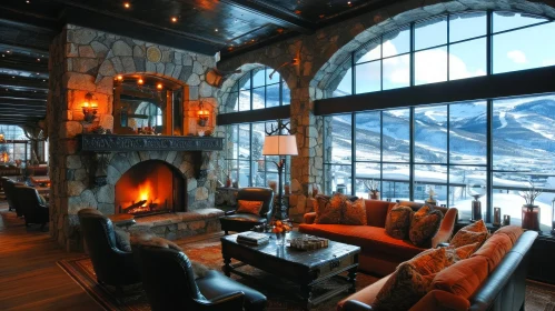 Cozy Living Room with Mountain View and Rustic Fireplace