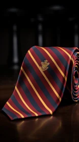 Dark Blue Striped Tie with Shield Logo on Wooden Table