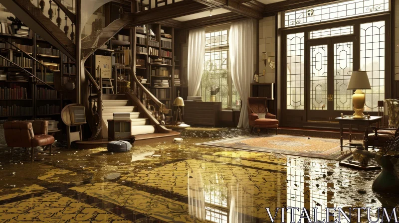 Flooded Library: A Luxurious and Mysterious Scene AI Image
