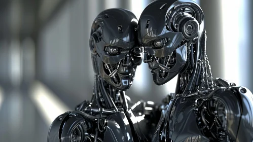 Intricate 3D Rendering of Black Humanoid Robots Facing Each Other