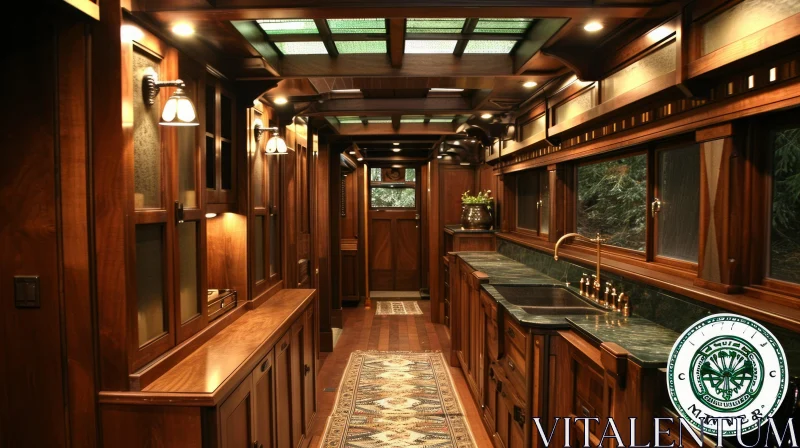 Luxurious Train Car Interior with Wood Paneling and Stained Glass Windows AI Image