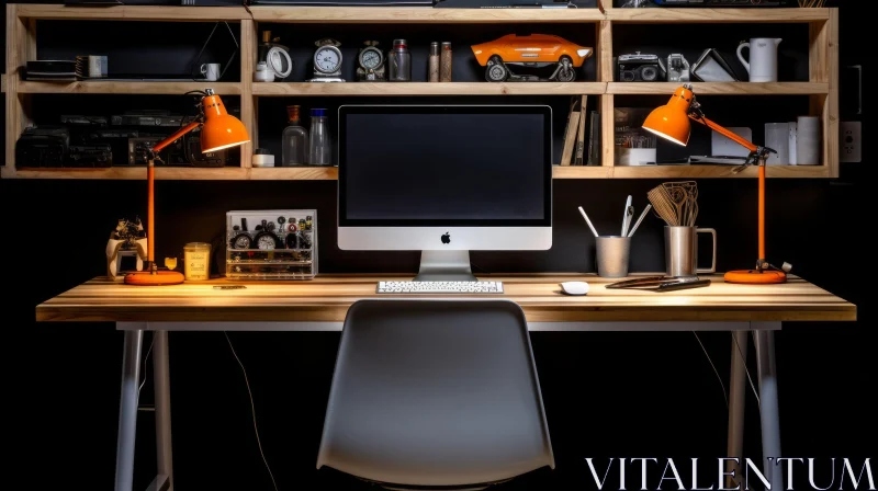 Modern Home Office with Wooden Desk and Orange Lamps AI Image