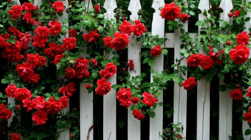 Red Climbing Roses on a White Picket Fence - A Captivating Nature Scene