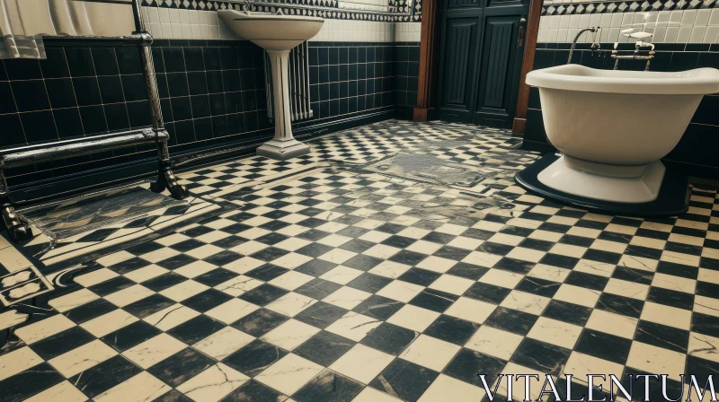 Stylish Black and White Bathroom with Checkered Floor Tiles AI Image