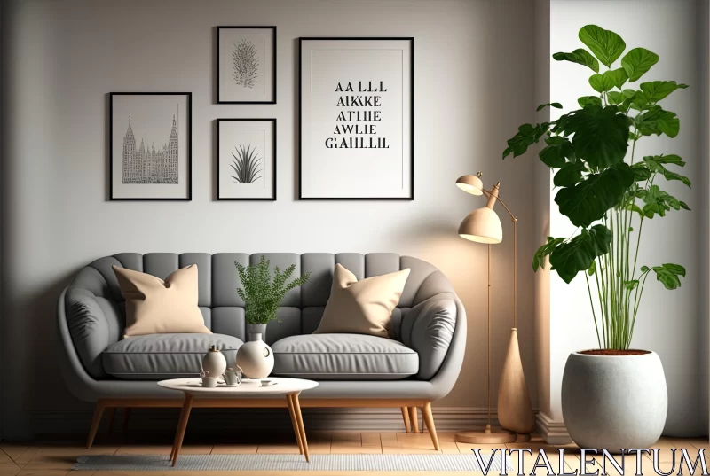 AI ART Captivating 3D Interior Design: Serene Room with Grey Couch and Plant