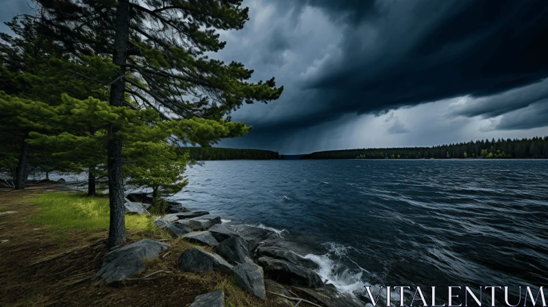 AI ART Captivating Stormy Sky Over Lake with Rocks and Pine Trees
