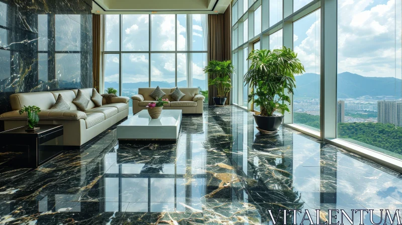 AI ART Luxurious Modern Living Room with Marble Floor and City View