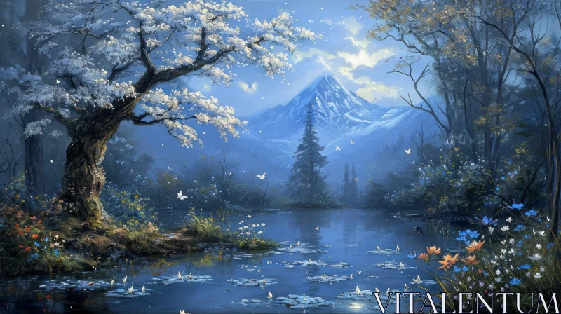 Serene Landscape Painting with Tree, Mountain, Lake, and Butterflies AI Image