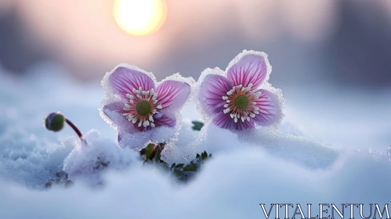 A Serene Encounter: Pink Flowers in Frost and Snow AI Image
