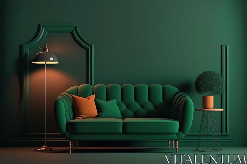 Captivating Green Sofa in Moody Chiaroscuro Living Room | Dark Orange Accents AI Image