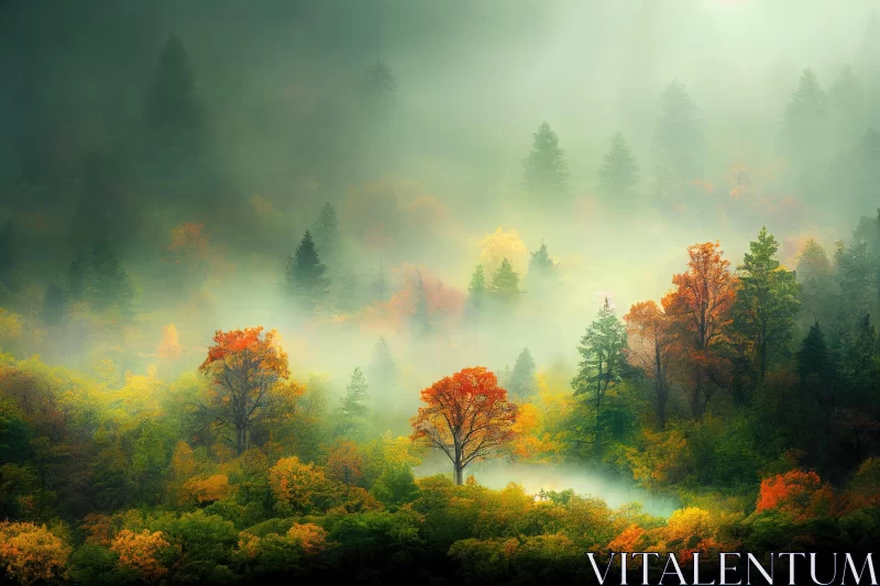 Enchanting Autumn Forest Painting | Captivating Misty Atmosphere AI Image