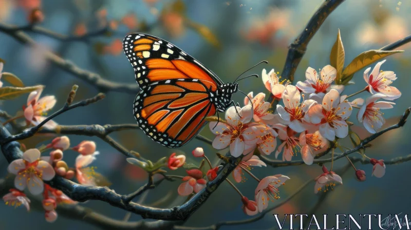 Monarch Butterfly on Cherry Blossoms - Exquisite Realistic Painting AI Image