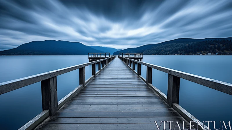 Tranquil Wooden Dock Over Water Under Blue Sky | Artistic Photography AI Image