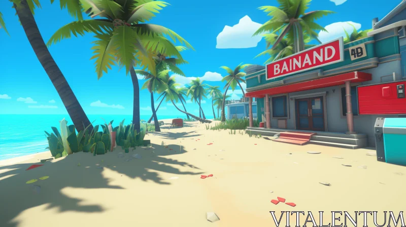 Vibrant Beach Scene in a Virtual Game | Palm Trees and Ocean AI Image