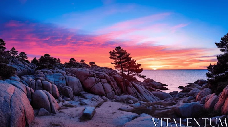 Captivating Sunset on Rocky Shore with Colorful Rocks and Pine Trees AI Image