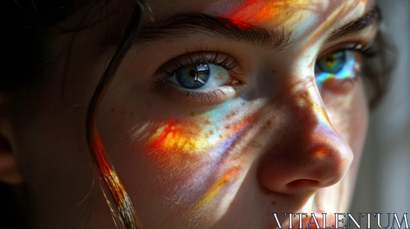 Close-Up Portrait of a Woman with Ethereal Rainbow Colors AI Image