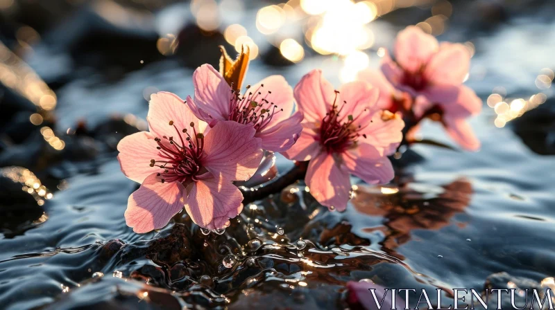 Delicate Pink Cherry Blossoms Floating on a Pond - Serene Nature Image AI Image