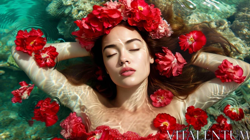 Dreamlike Portrait of a Woman in Water with Roses AI Image