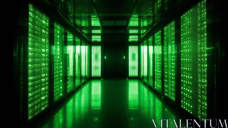 Eerie Server Room with Green Light AI Image