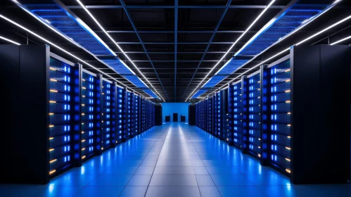 Futuristic Data Center with Blue-Lit Server Racks