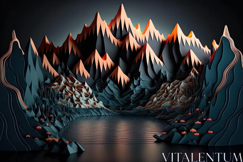 Mesmerizing 3D Printed Art: Dark Orange and Cyan Landscape with Mountains and River AI Image