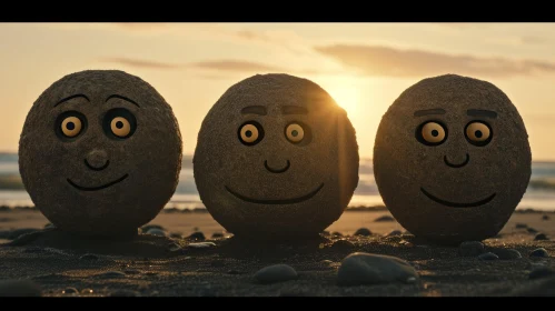 Smiling Sand Balls on the Beach at Sunset