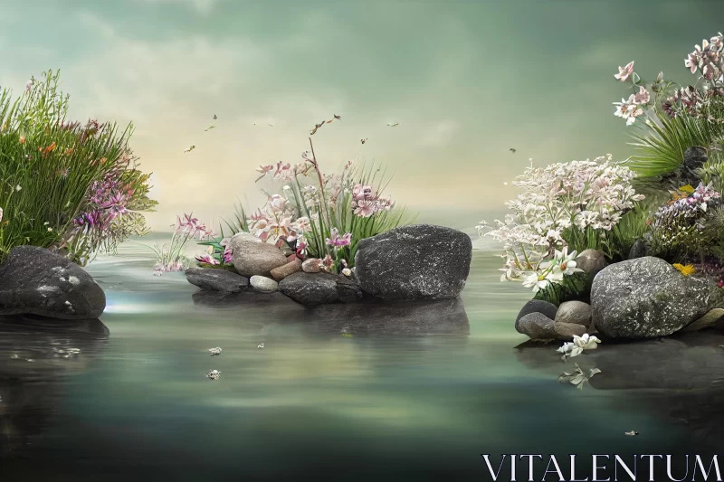 Surreal Nature Art: Rocks and Flowers in Dreamlike Water Setting AI Image