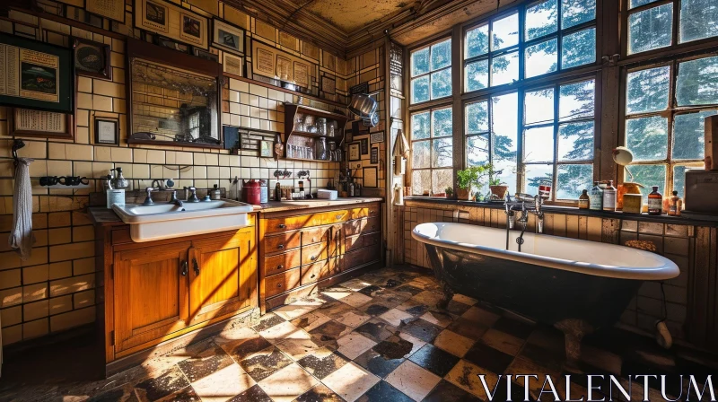 Vintage Bathroom with Checkered Floor Tiles and Forest View AI Image