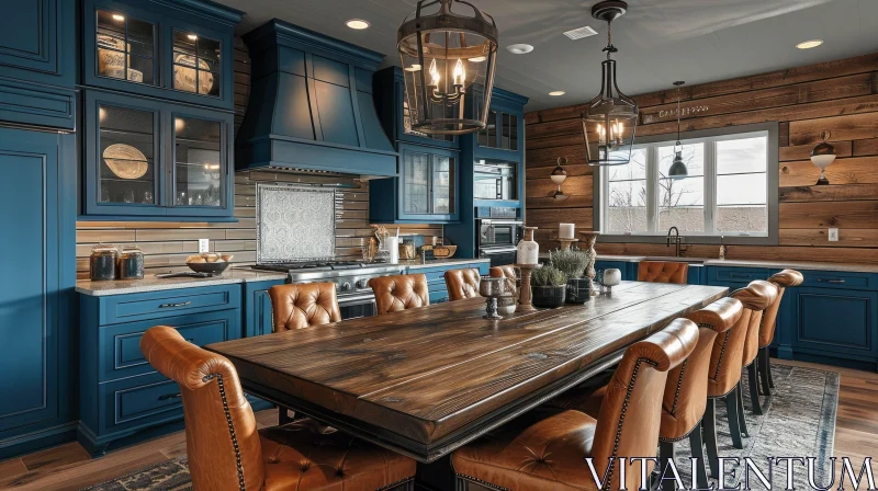 AI ART Beautiful Kitchen with Wooden Table and Leather Chairs